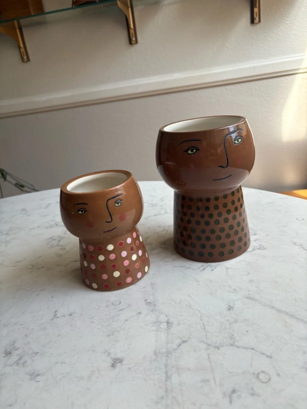 Hand-Painted Face Planters — Brown with Polka Dot Stands